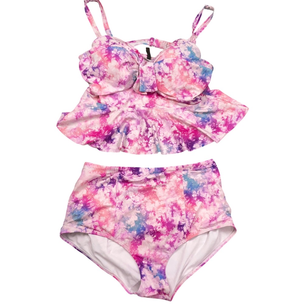 Torrid 2 Pc Bikini Womens 2X D/DD Top Bottoms 1X Pink Tie Dye Ruffle Psychedelic